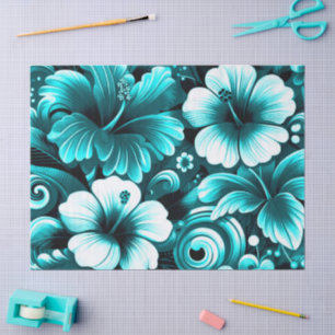 Tropical Hawaiian Flowers Hibiscus Teal Decoupage Tissue Paper