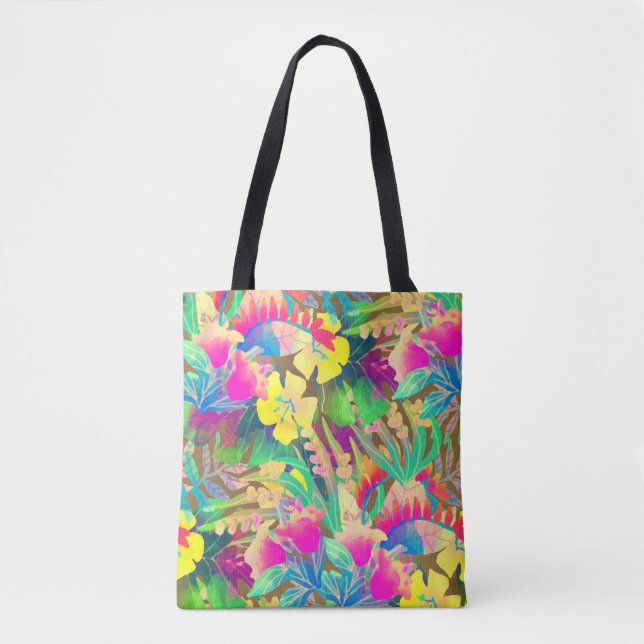 Tropical Hawaiian flowers leaves colourful floral Tote Bag (Front)