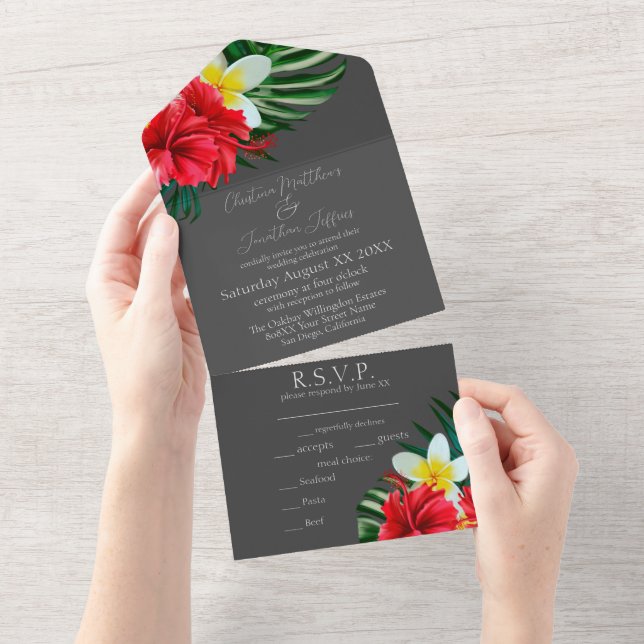 Tropical Hawaiian Flowers on Elegant Grau All In One Invitation (Tearaway)