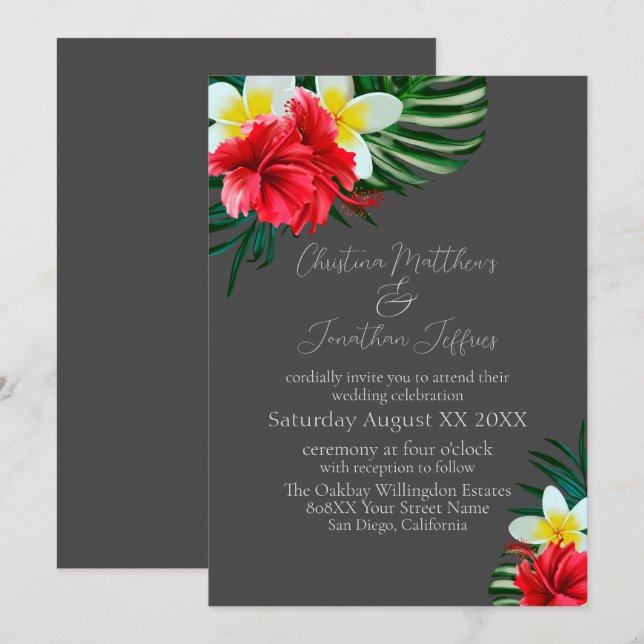 Tropical Hawaiian Flowers on Elegant Grey Invitation (Front/Back)
