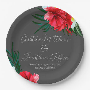 Tropical Hawaiian Flowers on Elegant Grey Paper Plate