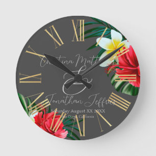Tropical Hawaiian Flowers on Elegant Grey Round Clock