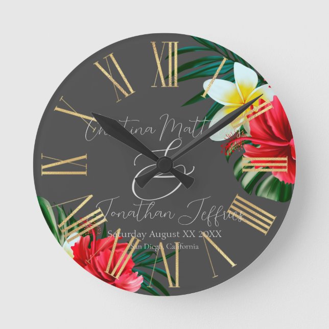 Tropical Hawaiian Flowers on Elegant Grey Round Clock (Front)