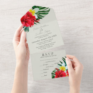 Tropical Hawaiian Flowers on Elegant Sage All In One Invitation