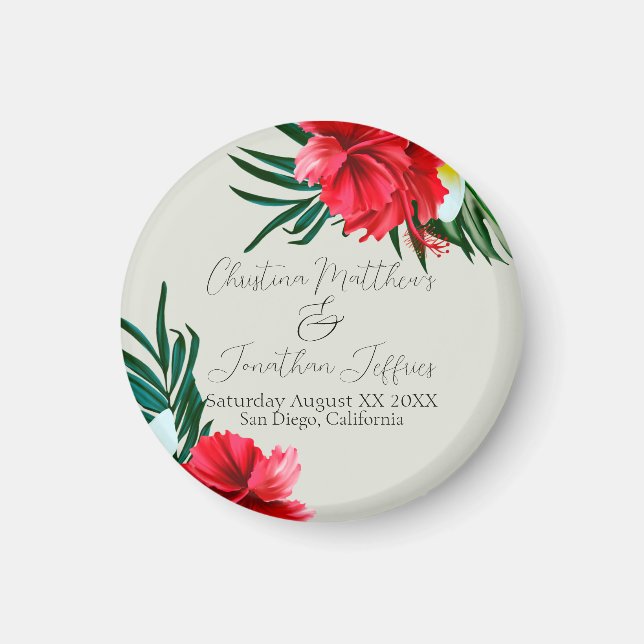 Tropical Hawaiian Flowers on Elegant Sage Wedding Magnet (Front)
