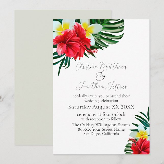 Tropical Hawaiian Flowers on White Elegant Invitation (Front/Back)