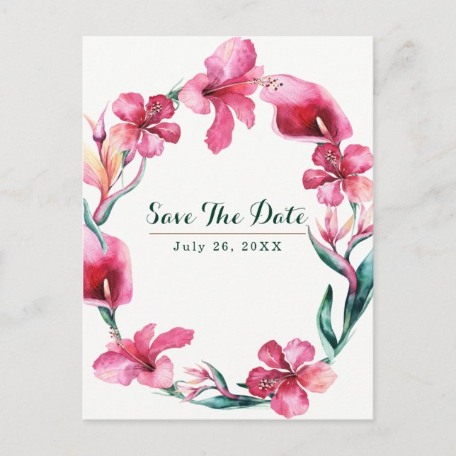 Tropical Hawaiian Flowers Wedding Save the Date Announcement Postcard (Front)