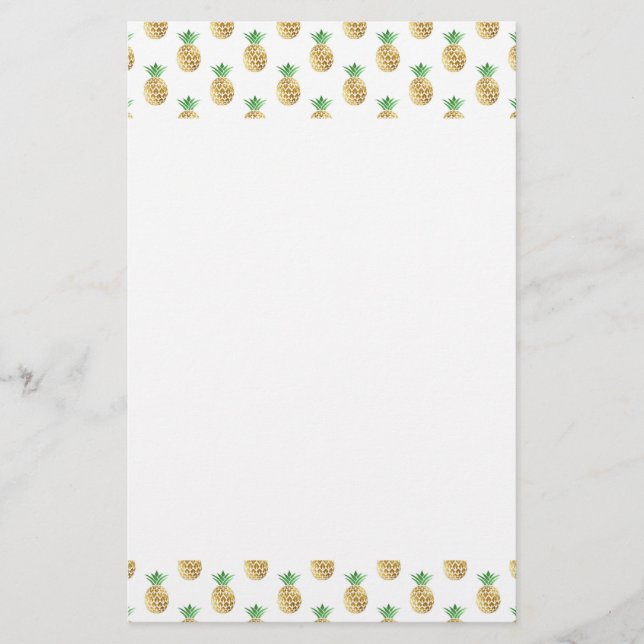 Tropical Hawaiian Gold Foil Pineapple Pattern Stationery (Front)