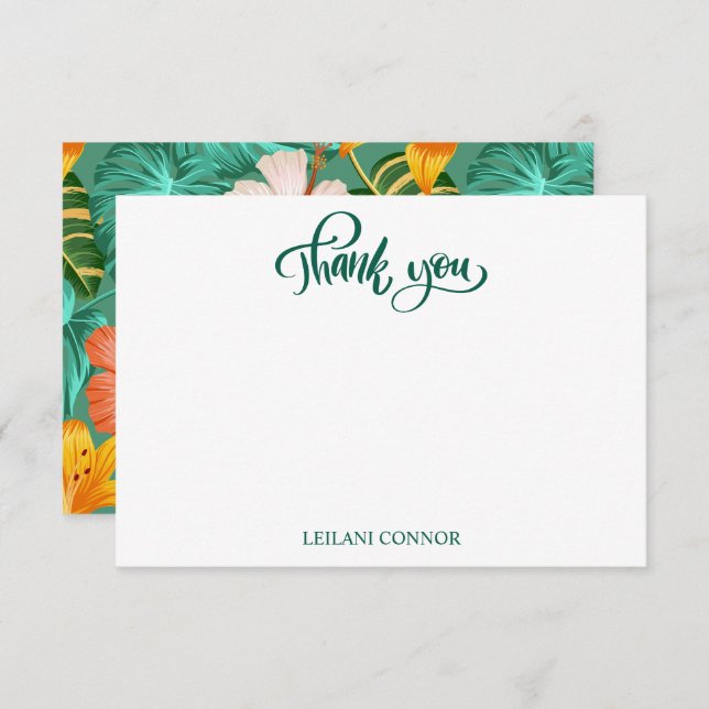 Tropical Hawaiian Green Exotic Floral Thank You Card (Front/Back)