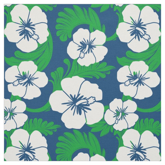 Tropical Hawaiian Hibiscus Floral Blue Retro Print Fabric (Swatch)