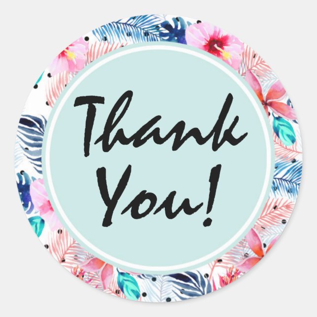 Tropical Hawaiian Hibiscus & Palm Leaf Thank You Classic Round Sticker (Front)