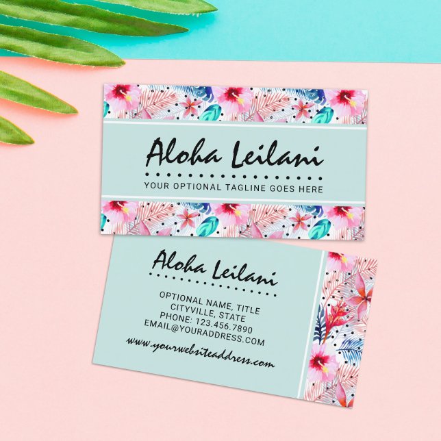Tropical Hawaiian Hibiscus & Palm Leaf Watercolor Business Card (Creator Uploaded)
