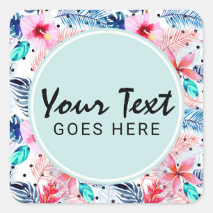 Tropical Hawaiian Hibiscus & Palm Leaf Watercolor Square Sticker