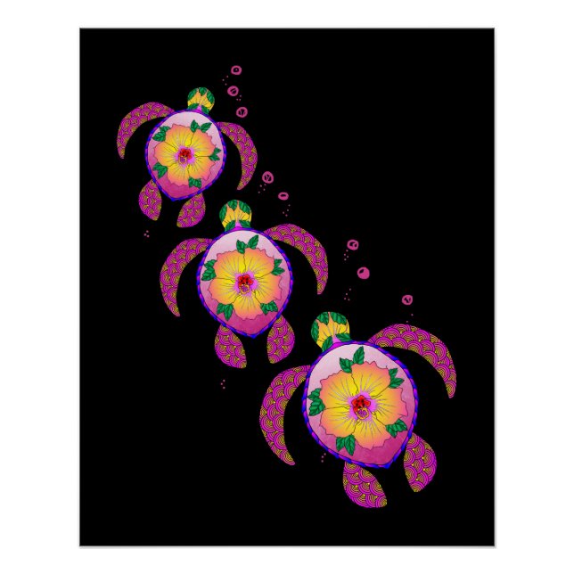 Tropical Hawaiian Honu Turtles Poster (Front)