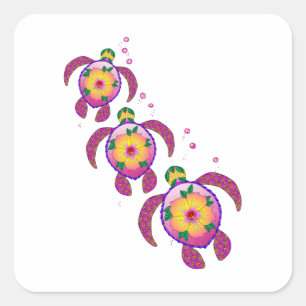 Tropical Hawaiian Honu Turtles Square Sticker