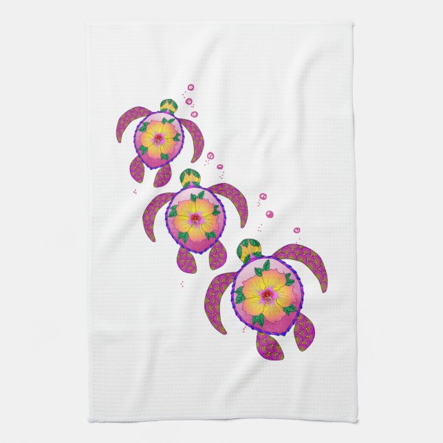 Tropical Hawaiian Honu Turtles Tea Towel (Vertical)