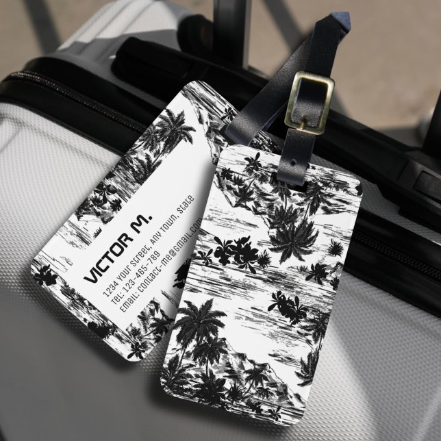 Tropical Hawaiian Island Black White Personalised Luggage Tag (The modern custom luggage tag design with tropical theme in black and white color tones.)