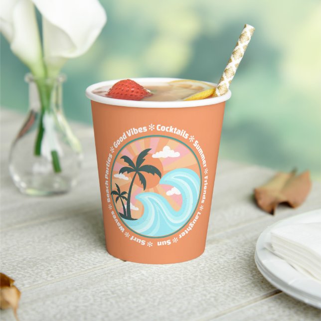 Tropical Hawaiian Island Palm Trees Good Vibes Paper Cups (Insitu)