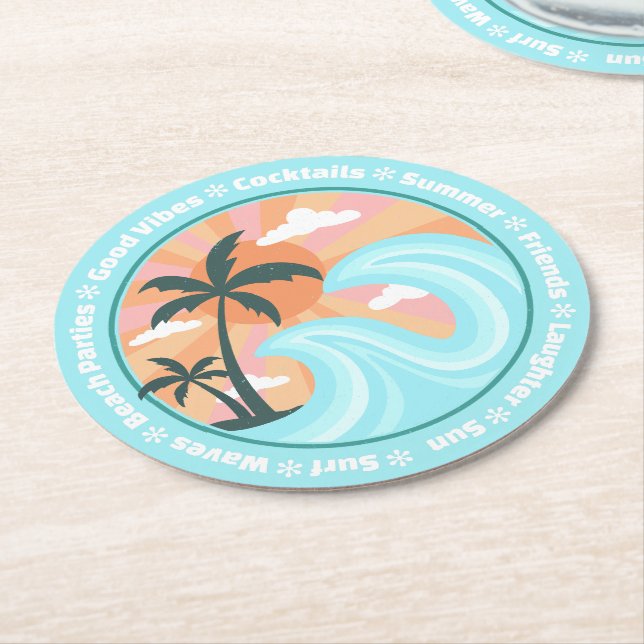 Tropical Hawaiian Island Palm Trees Good Vibes Round Paper Coaster (Angled)