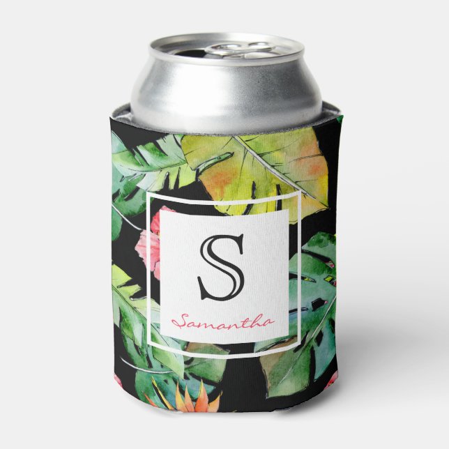 Tropical  Hawaiian Luau Floral Monogram Can Cooler (Can Front)