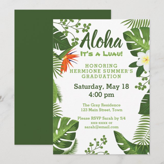 Tropical Hawaiian Luau Graduation Party Invite (Front/Back)