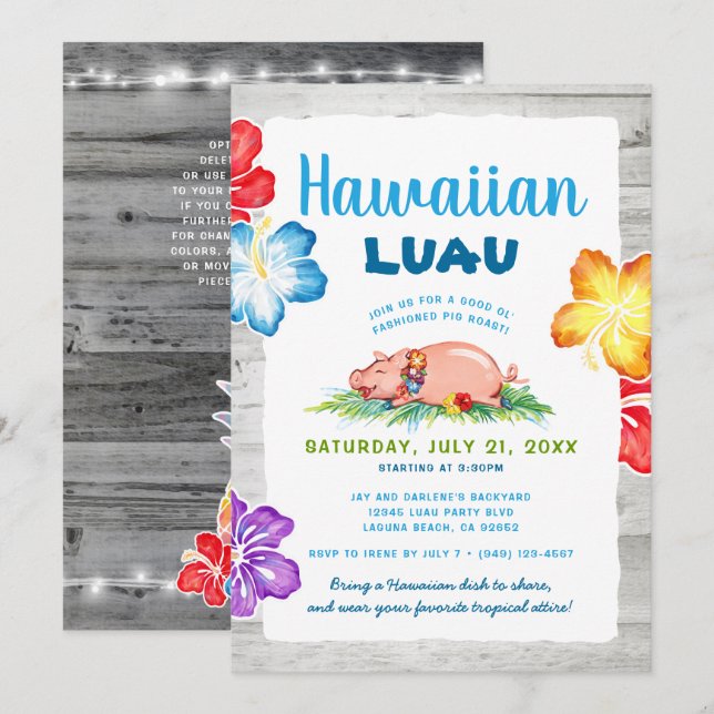Tropical Hawaiian Luau | Rustic Floral Pig Roast Invitation (Front/Back)