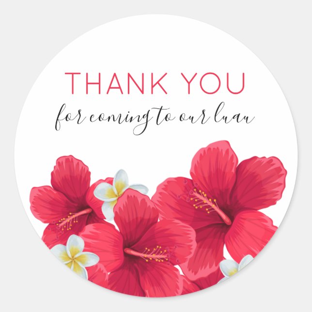 Tropical Hawaiian Luau Thank You Sticker, Red Classic Round Sticker (Front)