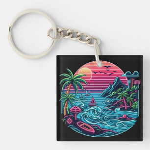 Tropical/Hawaiian neon beach Key Ring