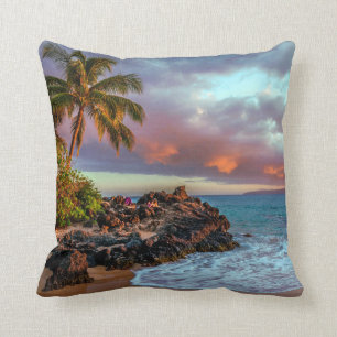 Tropical Hawaiian Palm Tree Sandy Beach Paradise Cushion