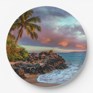 Tropical Hawaiian Palm Tree Sandy Beach Paradise Paper Plate