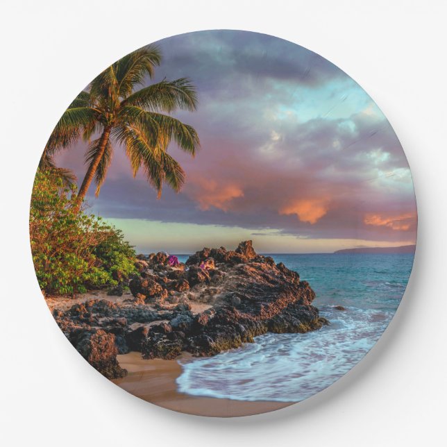 Tropical Hawaiian Palm Tree Sandy Beach Paradise Paper Plate (Front)