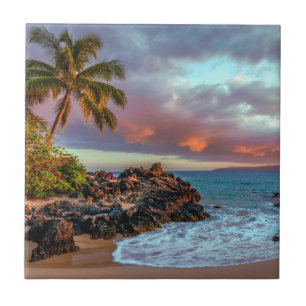 Tropical Hawaiian Palm Tree Sandy Beach Paradise Tile