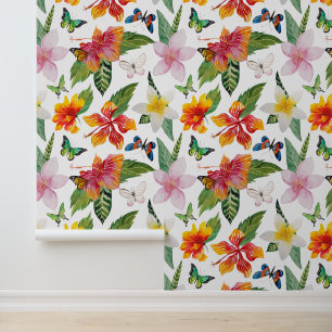 Tropical,Hawaiian Pattern w. Floral & Butterflies Wallpaper