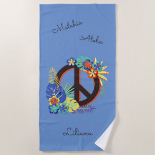 Tropical Hawaiian Peace Love Name Blue Beach Towel