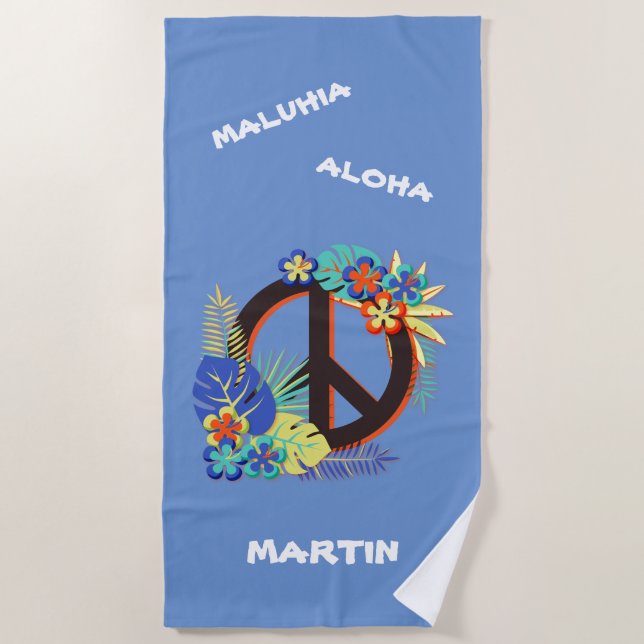 Tropical Hawaiian Peace Love Name Colourful Blue Beach Towel (Front)