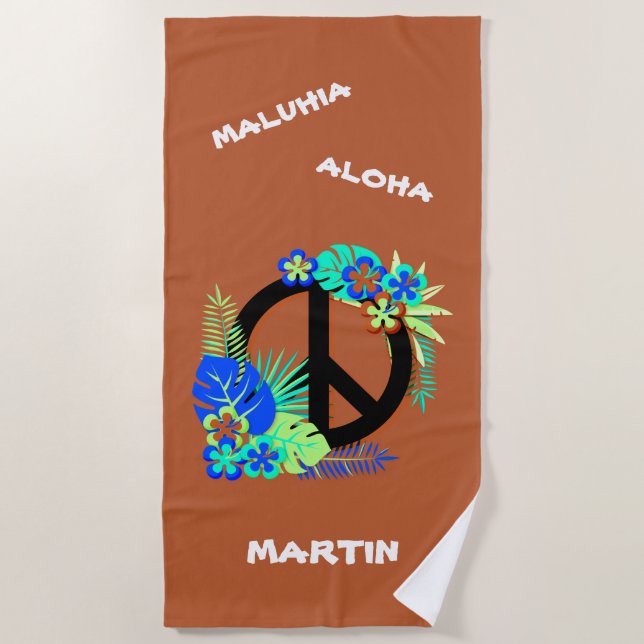 Tropical Hawaiian Peace Love Name Colourful Island Beach Towel (Front)