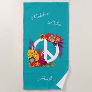 Tropical Hawaiian Peace Love Personalised Blue Beach Towel