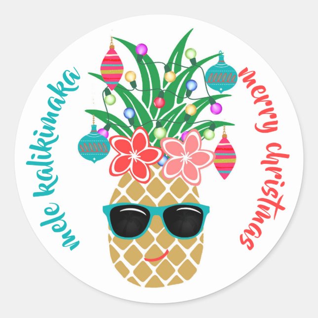 Tropical Hawaiian Pineapple Mele Kalikimaka Classic Round Sticker (Front)