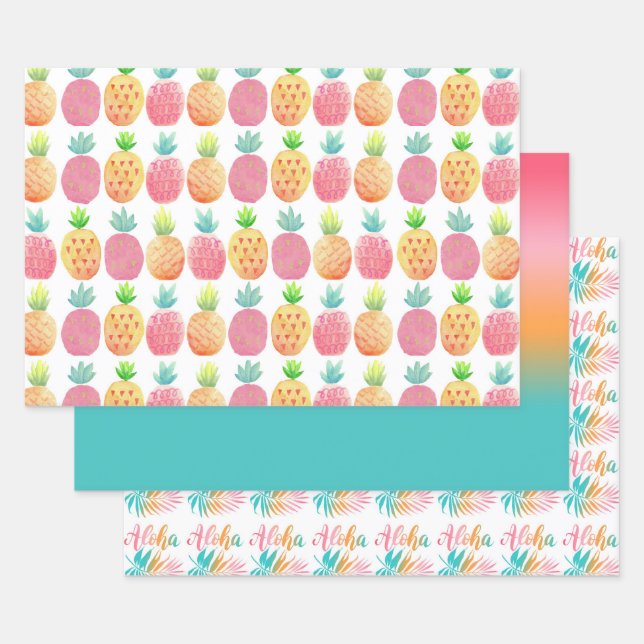 Tropical Hawaiian Pineapple Palm Aloha Wrapping Paper Sheet (Set)