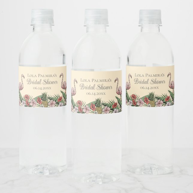 Tropical Hawaiian Pink Flamingos Bridal Shower Water Bottle Label (Bottles)