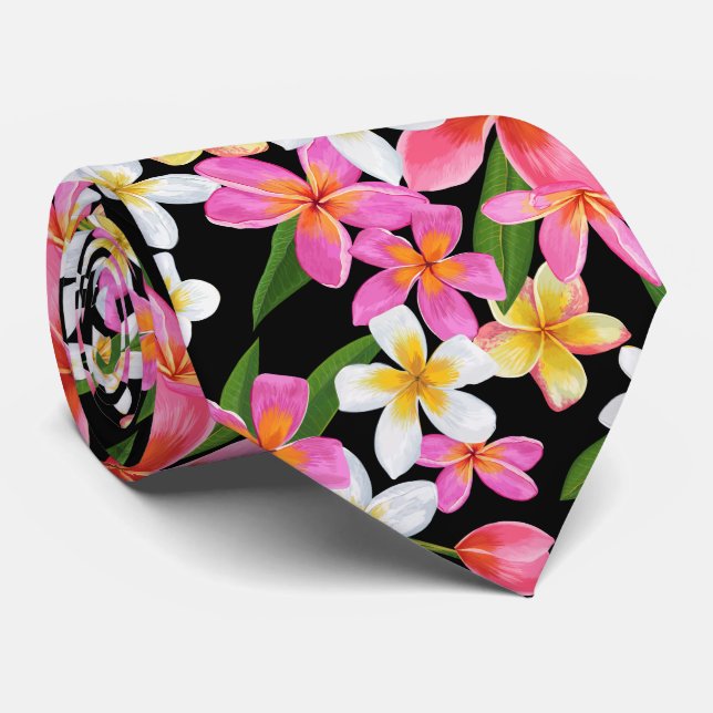 Tropical Hawaiian Plumeria Flowers on Black Tie (Rolled)