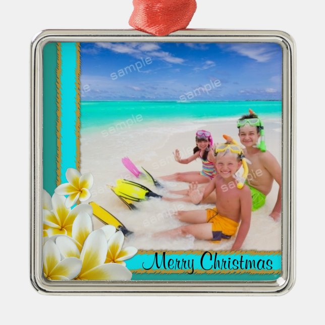 Tropical Hawaiian Plumeria Holiday Photo Ornament (Front)