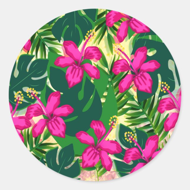 Tropical Hawaiian Style Floral Pattern Classic Round Sticker (Front)