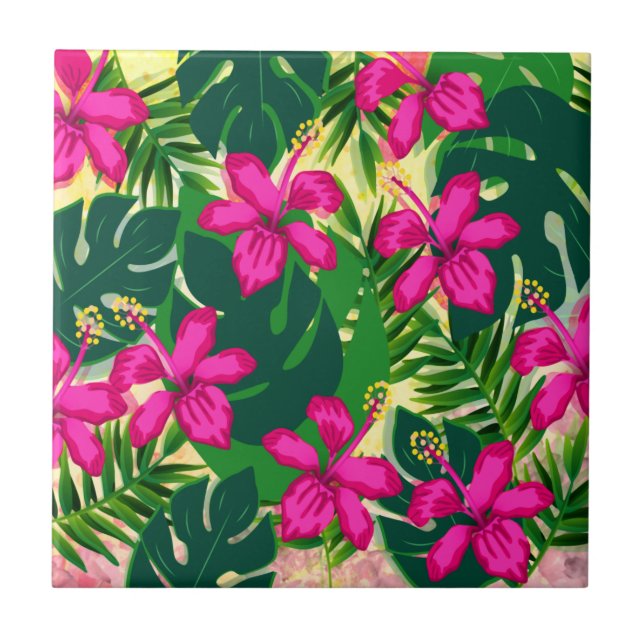 Tropical Hawaiian Style Floral Pattern Tile (Front)