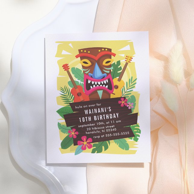 Tropical Hawaiian Ukulele & Tiki Luau Birthday Invitation Postcard (Creator Uploaded)