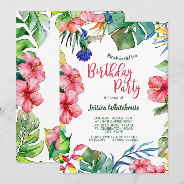 Tropical Hawaiian Watercolor Floral Birthday Invitation (Front/Back)