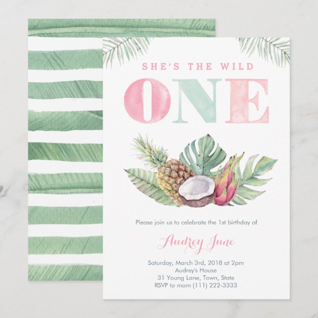 Tropical Hawaiian Wild Beach Girl First Birthday Invitation (Front/Back)