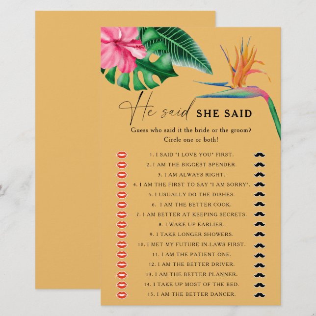 Tropical - He said she said bridal shower game (Front/Back)