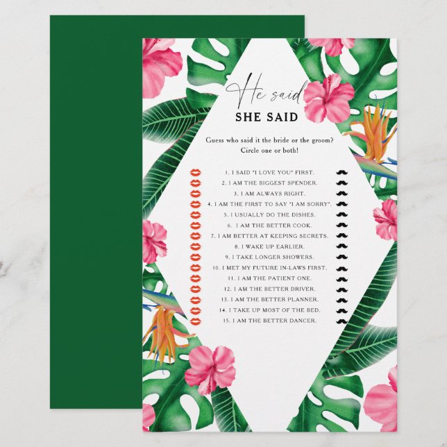 Tropical - He said she said bridal shower game (Front/Back)