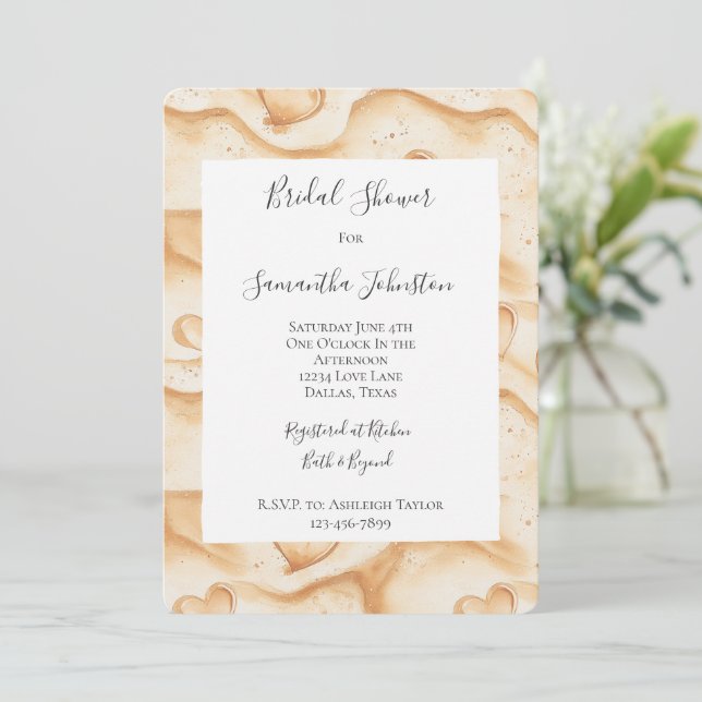 Tropical Hearts in Sand Beach Bridal Shower Invitation (Standing Front)